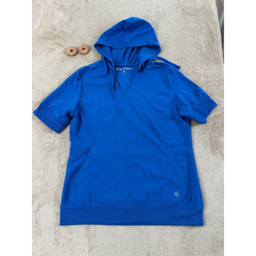 Easy Stretch Hooded scrub Top Butter-Soft Women M Royal Blue Short Sleeve EUC